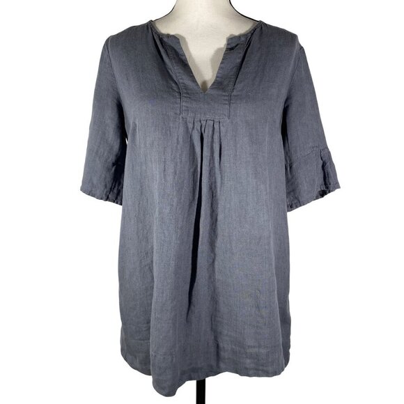 Studio 412 linen made in Maine Gray Linen V-Neck Tunic Top With Ruffle Sleeves S - Picture 1 of 9